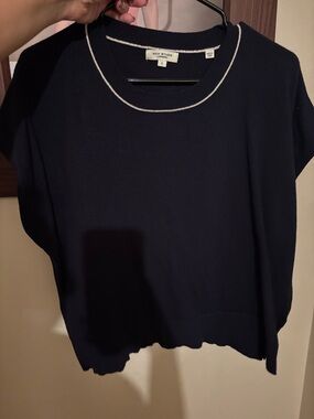 Max Studio Navy Short-Sleeve Sweater with White Trim